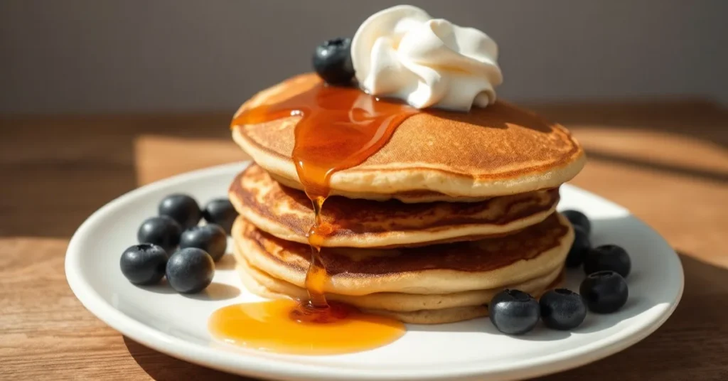 Stack of fluffy American pancakes on white plate, topped with maple syrup, fresh blueberries, whipped cream, golden-brown, mo
