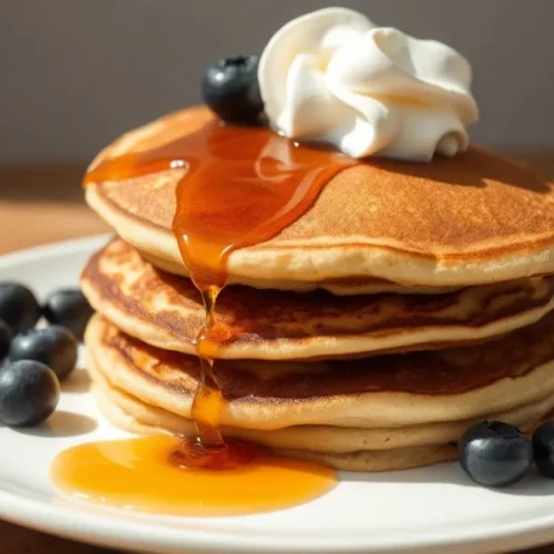 Stack of fluffy American pancakes on white plate, topped with maple syrup, fresh blueberries, whipped cream, golden-brown, mo