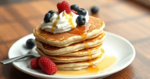 Stack of fluffy golden banana pancakes topped with fresh berries, honey drizzle, and whipped cream on white plate, natural mo