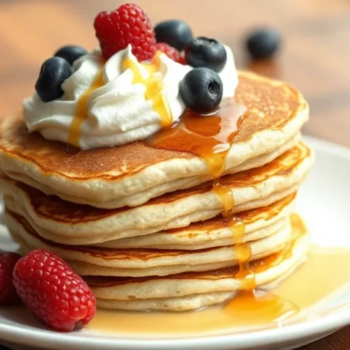 Stack of fluffy golden banana pancakes topped with fresh berries, honey drizzle, and whipped cream on white plate, natural mo
