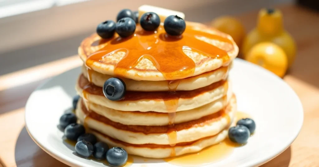 Stack of fluffy golden pancakes topped with fresh blueberries, maple syrup drizzle, and butter pat on white plate, morning su