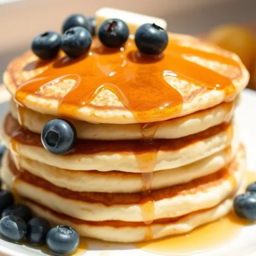 Stack of fluffy golden pancakes topped with fresh blueberries, maple syrup drizzle, and butter pat on white plate, morning su