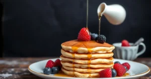 Stack of fluffy golden pancakes with fresh berries and maple syrup drizzle, lactose-free breakfast, landscape food photograph
