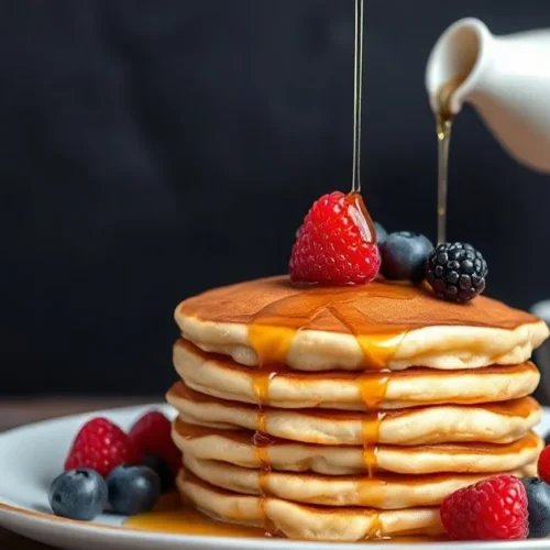 Stack of fluffy golden pancakes with fresh berries and maple syrup drizzle, lactose-free breakfast, landscape food photograph