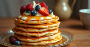 Stack of fluffy golden pancakes with joghurt, topped with fresh berries, maple syrup drizzle, whipped cream, professional foo