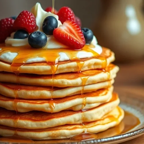 Stack of fluffy golden pancakes with joghurt, topped with fresh berries, maple syrup drizzle, whipped cream, professional foo