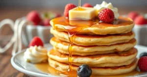 Stack of fluffy golden pancakes with melting butter on top, maple syrup dripping down, fresh berries and whipped cream, warm