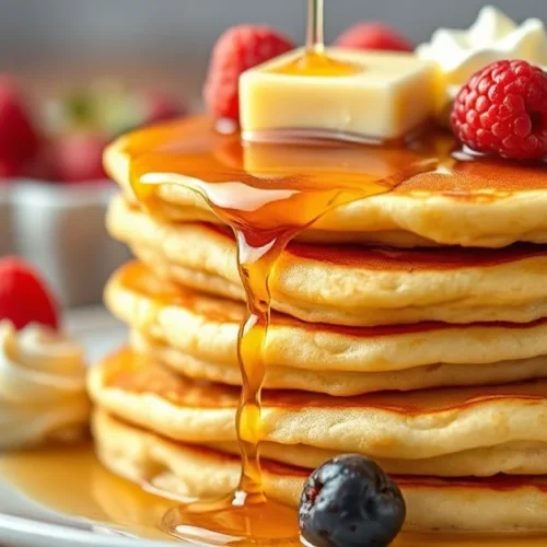 Stack of fluffy golden pancakes with melting butter on top, maple syrup dripping down, fresh berries and whipped cream, warm