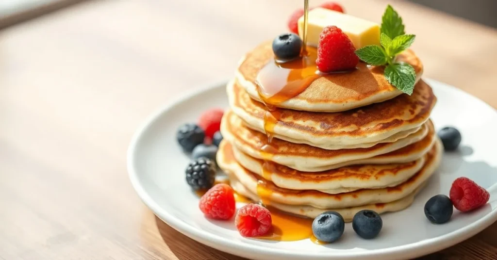 Stack of fluffy golden vegan pancakes with fresh berries, maple syrup drizzle, vegan butter, and mint leaves on white plate,