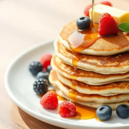 Stack of fluffy golden vegan pancakes with fresh berries, maple syrup drizzle, vegan butter, and mint leaves on white plate,