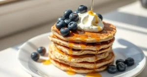 Stack of fluffy healthy oat pancakes topped with fresh blueberries, Greek yogurt, and honey drizzle on white plate, bright mo