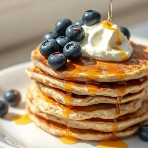 Stack of fluffy healthy oat pancakes topped with fresh blueberries, Greek yogurt, and honey drizzle on white plate, bright mo