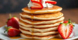 Stack of fluffy thick Japanese soufflé pancakes with maple syrup drizzle, fresh strawberries, whipped cream, golden brown ex