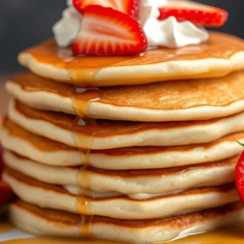 Stack of fluffy thick Japanese soufflé pancakes with maple syrup drizzle, fresh strawberries, whipped cream, golden brown ex