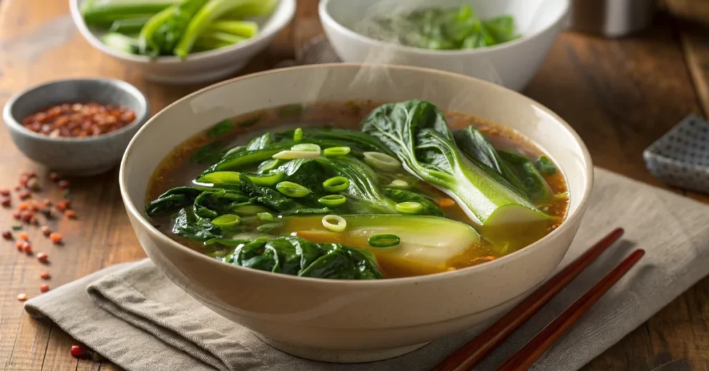 Steaming bowl of Asian pak choi soup with vibrant green vegetables, aromatic broth, garnished with green onions and sesame oi