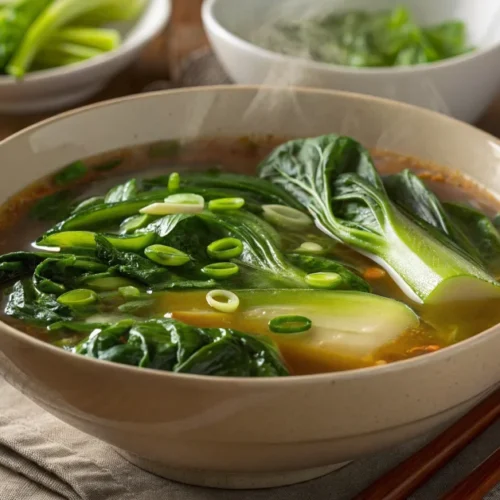 Steaming bowl of Asian pak choi soup with vibrant green vegetables, aromatic broth, garnished with green onions and sesame oi