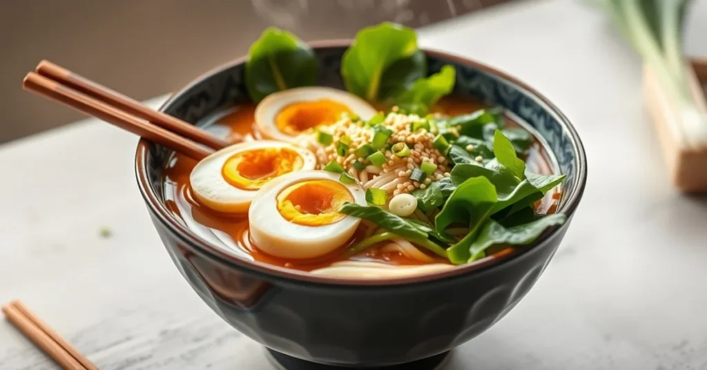 Steaming bowl of pak choi ramen with fresh Asian noodles, tender bok choy leaves, soft boiled egg halves, scattered sesame se