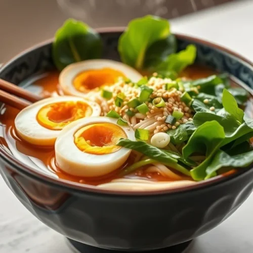 Steaming bowl of pak choi ramen with fresh Asian noodles, tender bok choy leaves, soft boiled egg halves, scattered sesame se