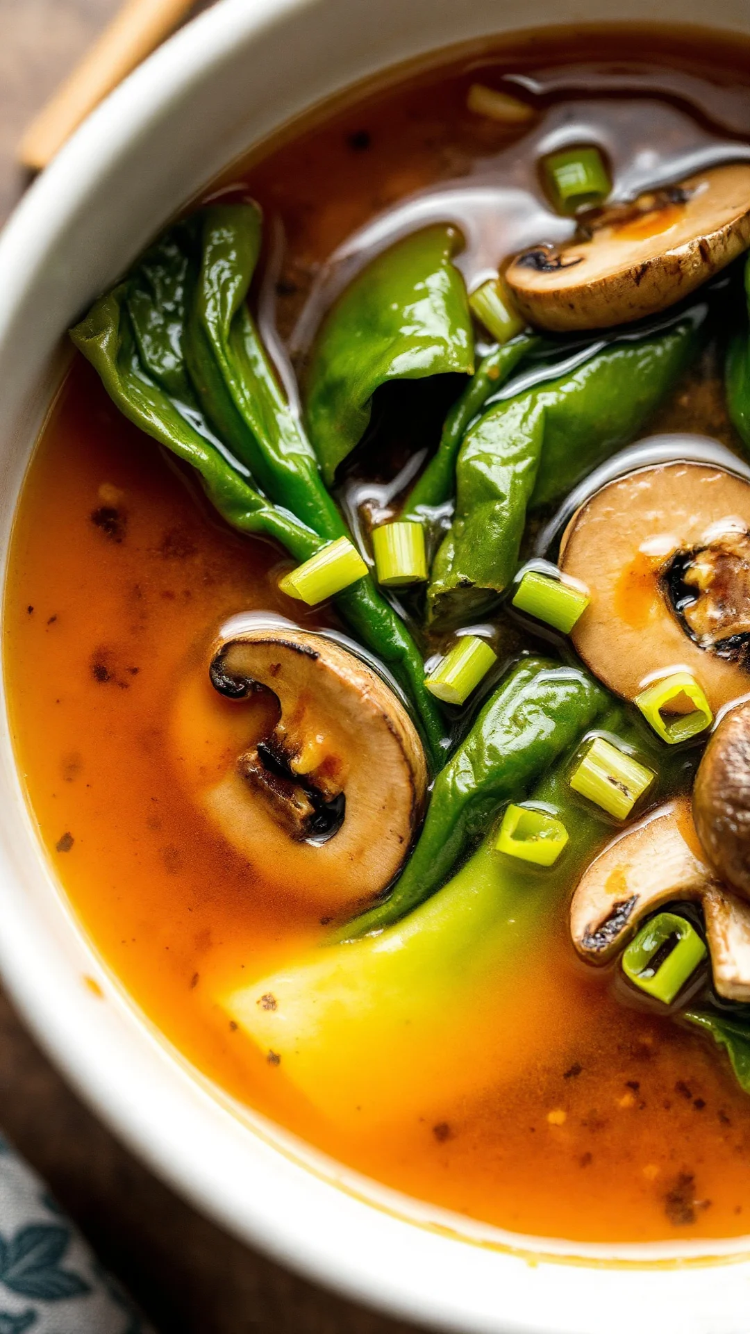 Steaming miso pak choi soup with shiitake mushrooms, green onions, close-up bowl view, professional restaurant quality, warm