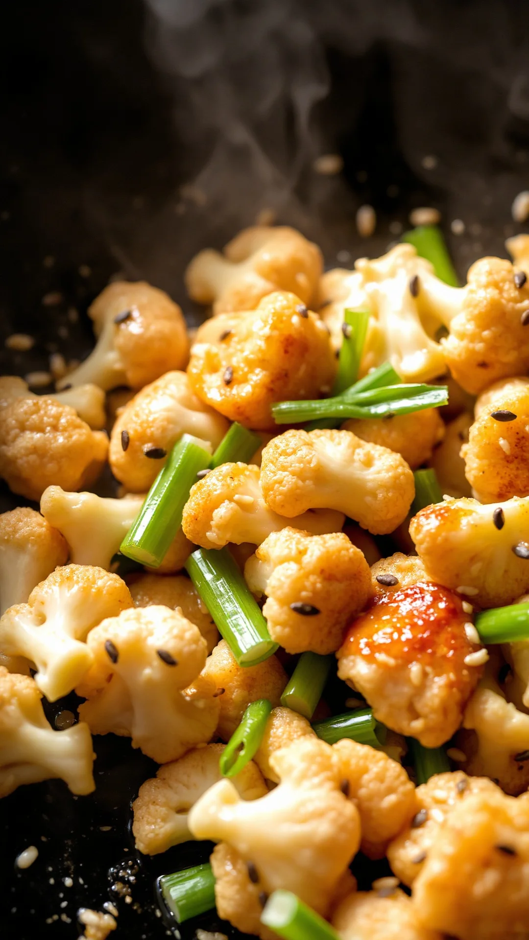 Stir-fried cauliflower with sesame seeds and green onions in wok, sizzling hot, steam visible, Asian cuisine style