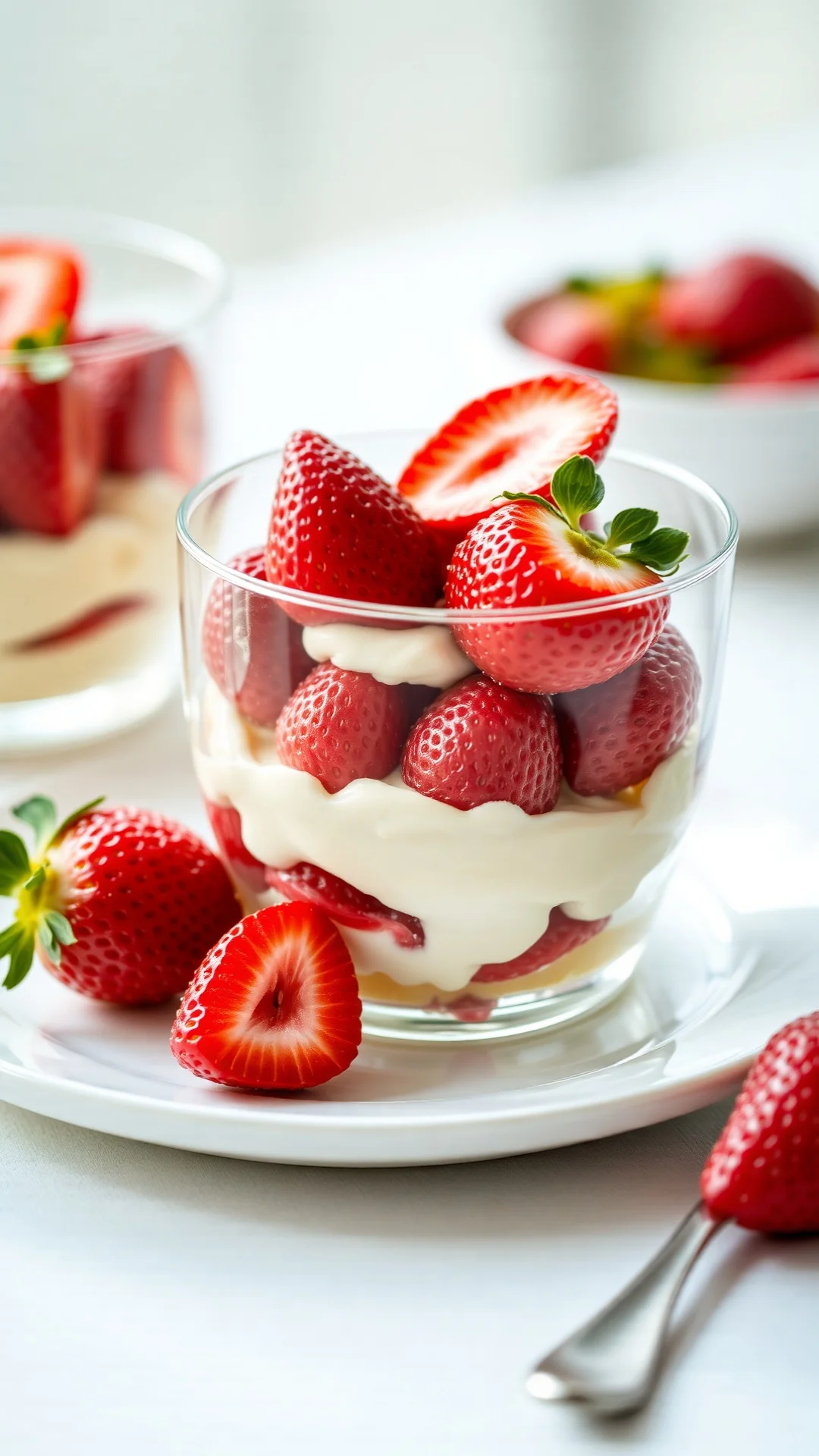 Strawberry tiramisu with fresh red strawberries, bright colorful dessert, creamy mascarpone filling visible, summery elegant