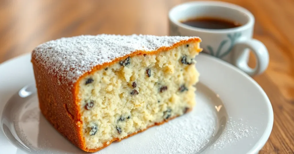 Stunning fluffy poppy seed cake slice with golden crumb, dusted with powdered sugar, served on white plate with coffee cup, w