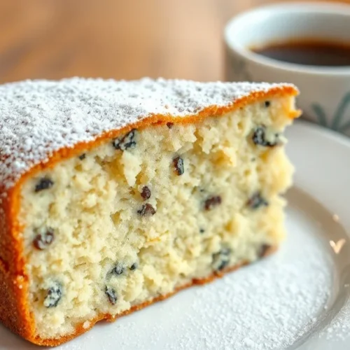 Stunning fluffy poppy seed cake slice with golden crumb, dusted with powdered sugar, served on white plate with coffee cup, w
