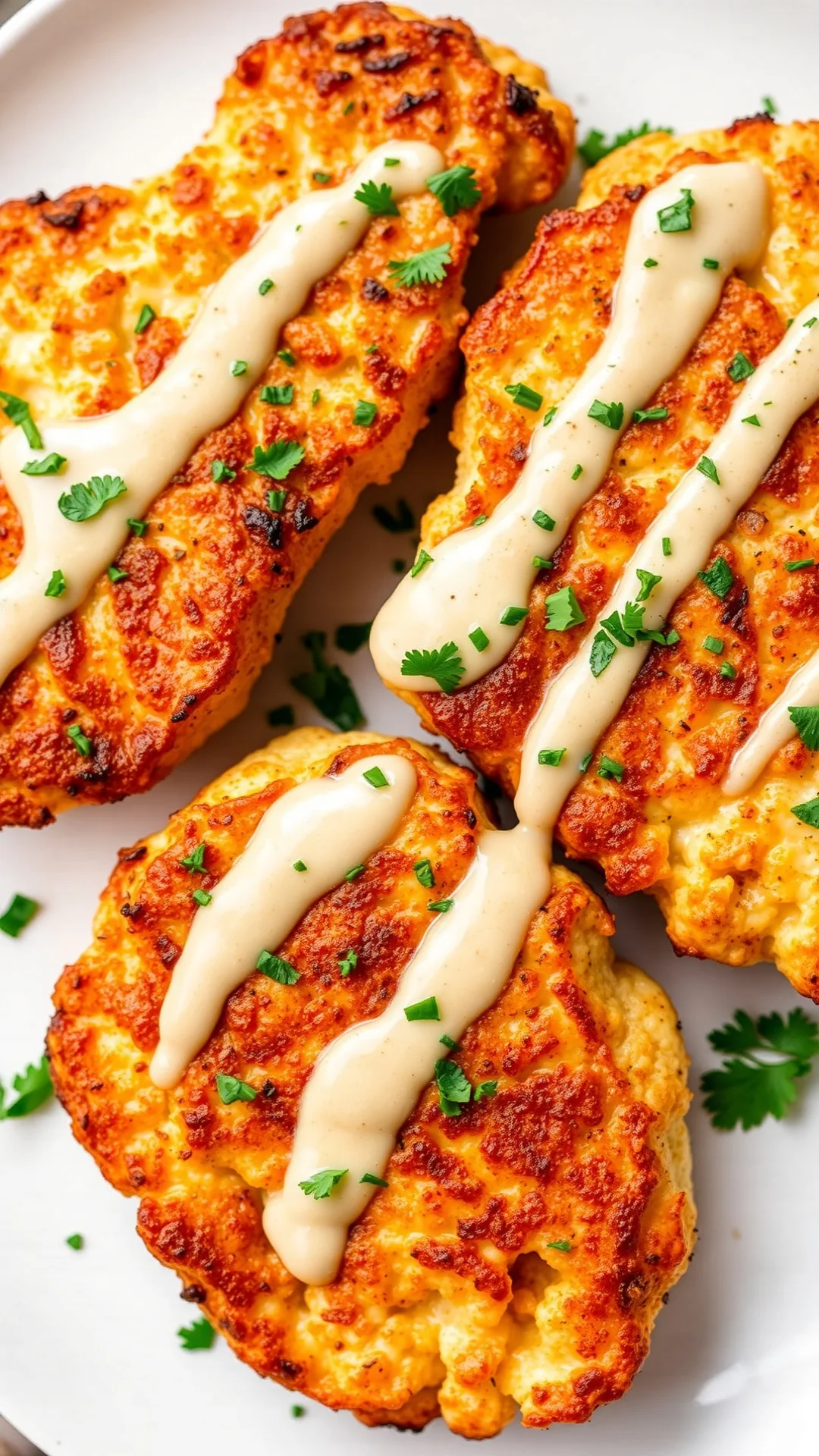 Thick cauliflower steaks on white plate with tahini sauce drizzle and fresh herbs, overhead detail shot