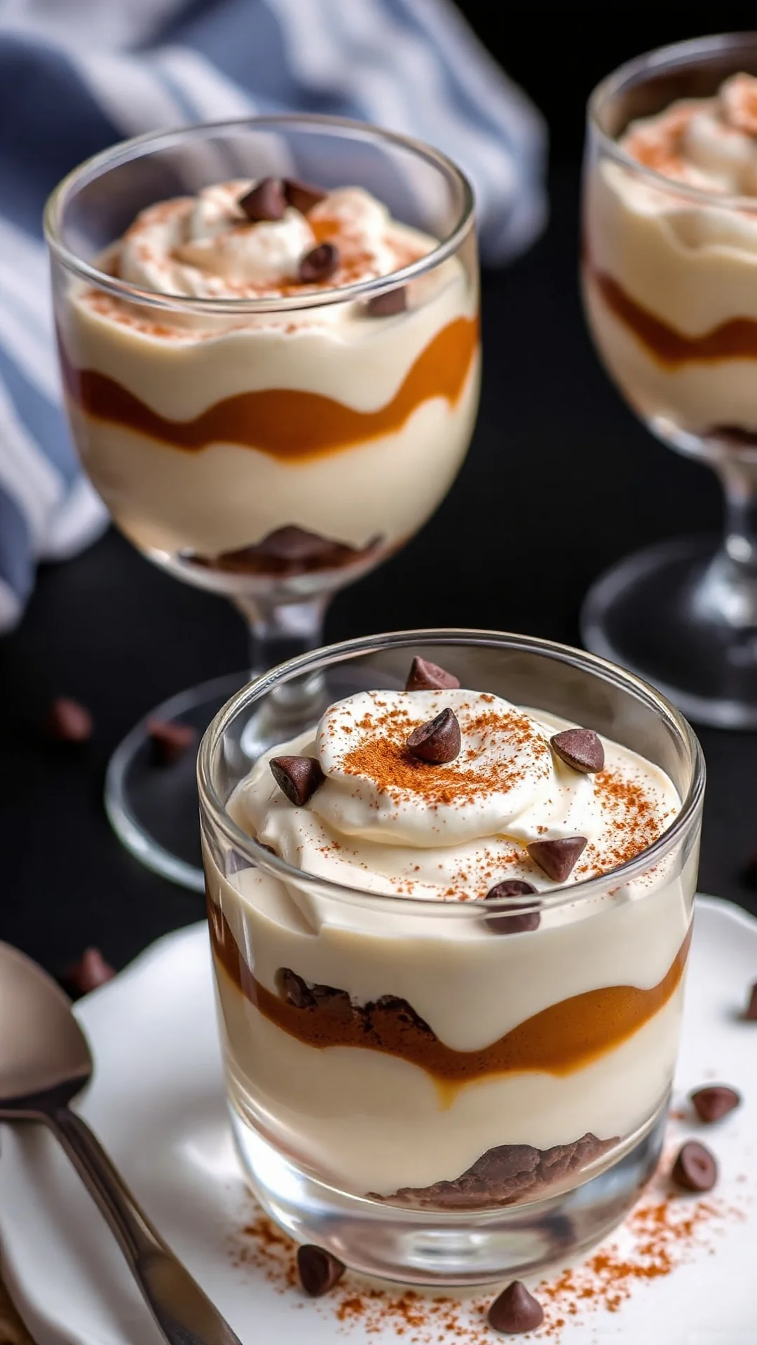 Tiramisu served in elegant glass cups, individual portions, layered tiramisu visible through glass, garnished with cocoa and