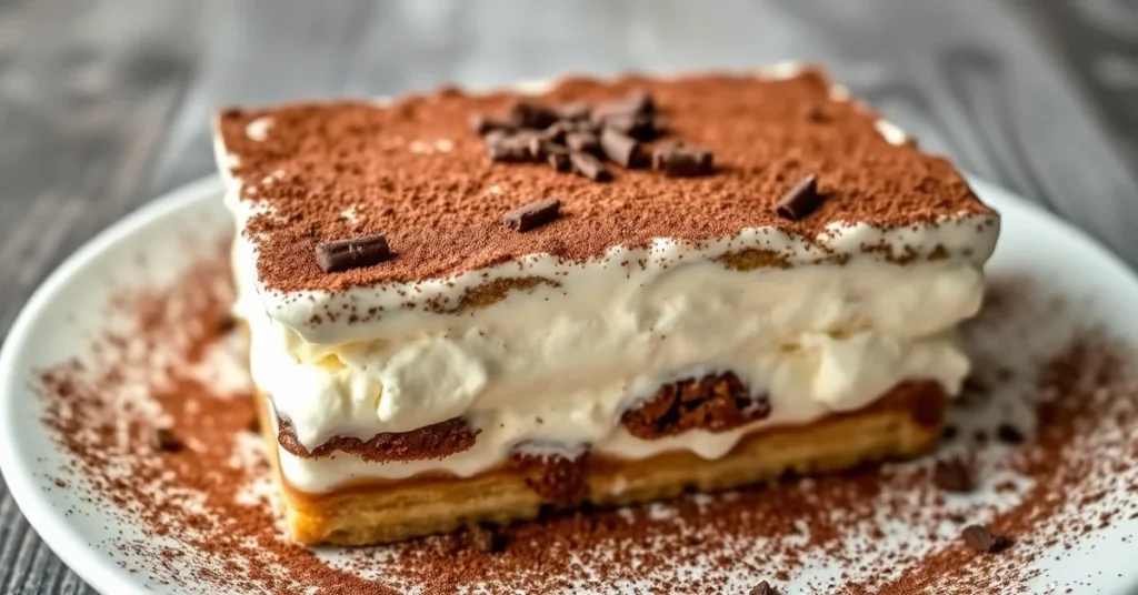 Tiramisu without eggs layered in a white dish, dusted with cocoa powder, chocolate shavings on top, coffee-soaked ladyfinger