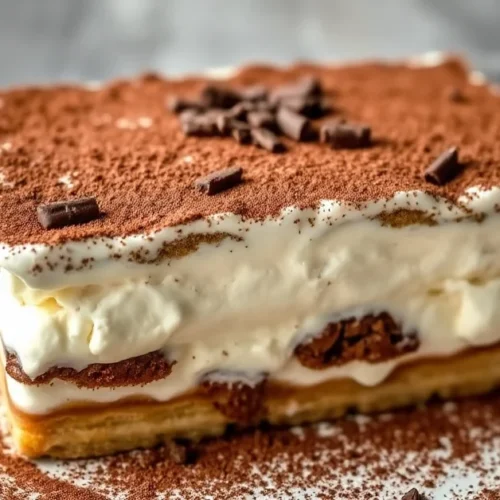 Tiramisu without eggs layered in a white dish, dusted with cocoa powder, chocolate shavings on top, coffee-soaked ladyfinger