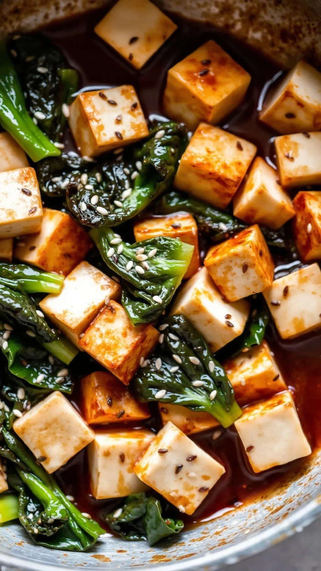 Tofu cubes and pak choi stir-fry with ginger soy sauce, sesame seeds sprinkled on top, wok cooking, detailed texture, appetiz
