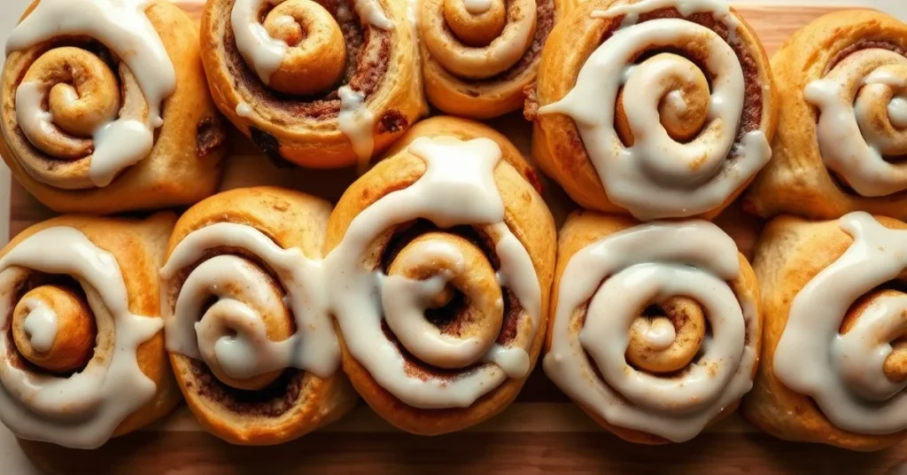 Top view of freshly baked cinnamon rolls with white glaze, golden brown spiral pastries arranged on a wooden board, warm ligh