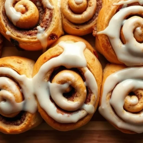 Top view of freshly baked cinnamon rolls with white glaze, golden brown spiral pastries arranged on a wooden board, warm ligh
