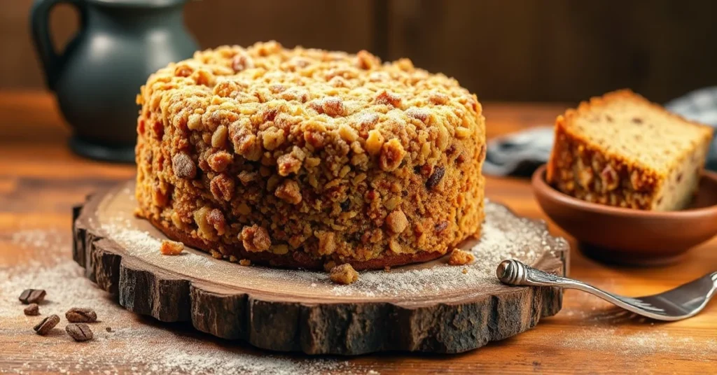 Traditional German poppy seed cake with golden brown streusel topping, dusted sugar, served on rustic wooden board, warm back
