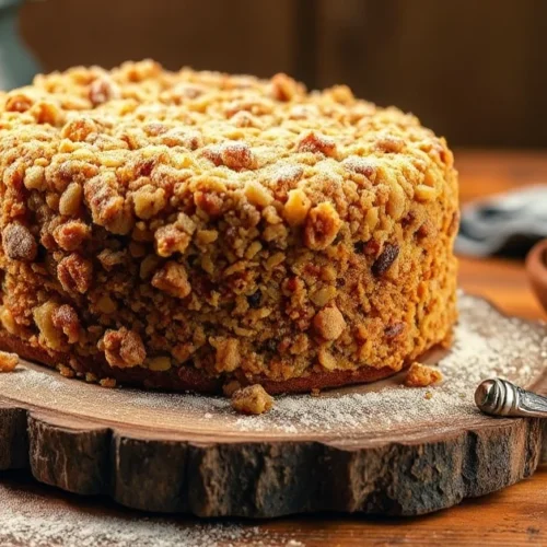 Traditional German poppy seed cake with golden brown streusel topping, dusted sugar, served on rustic wooden board, warm back