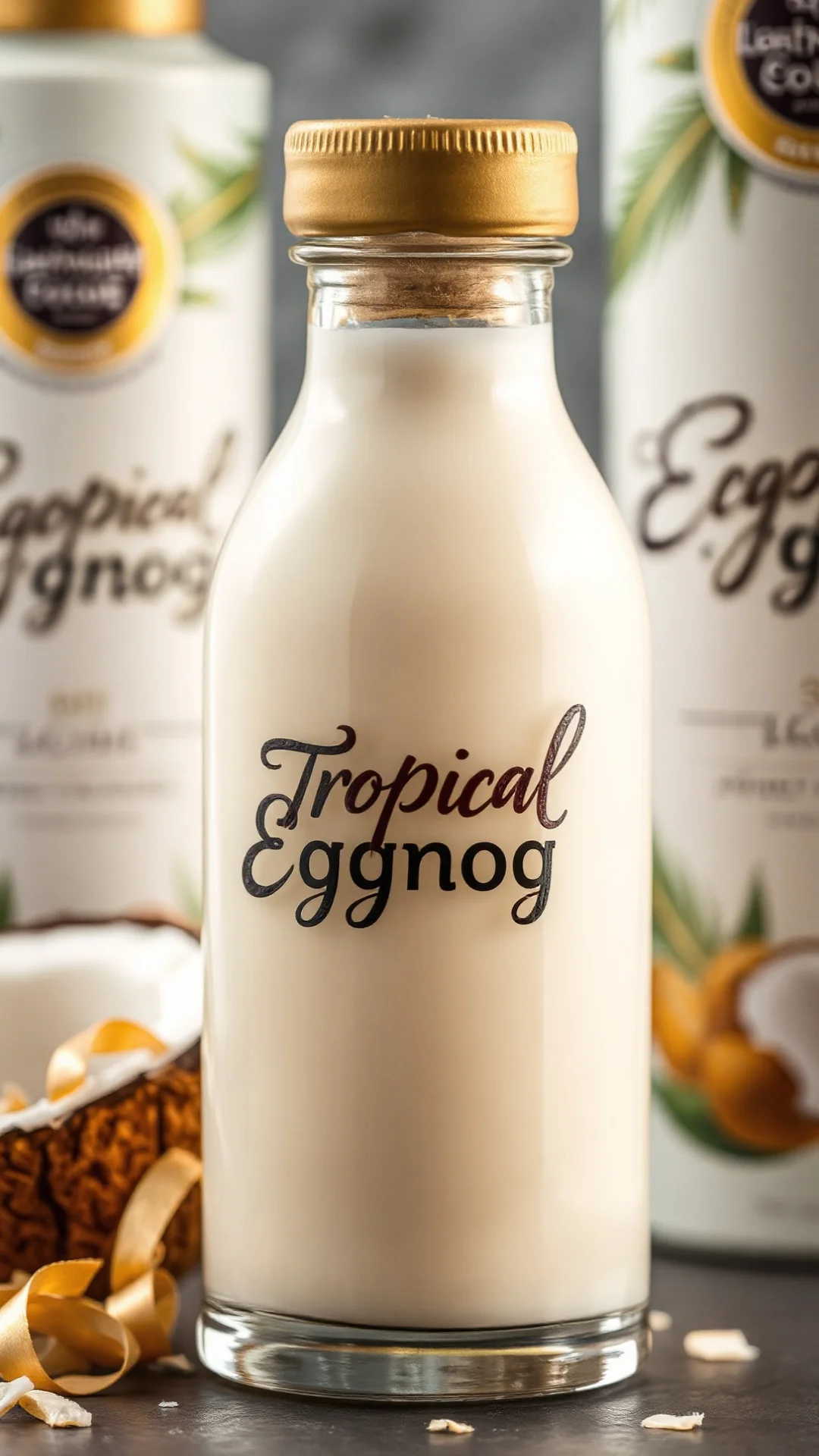 Tropical coconut eggnog liqueur in glass bottle with fresh coconut shreds, close-up macro photography, creamy texture visible