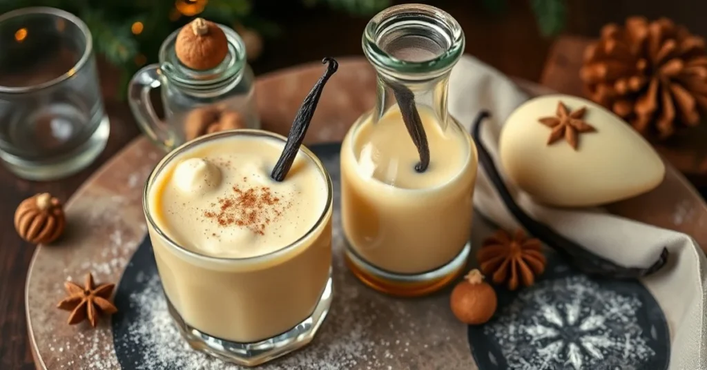 Vegan eggnog in elegant glass bottle and small glass, creamy yellow liqueur, fresh vanilla pods, nutmeg powder, festive holid