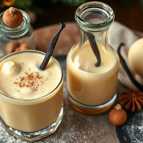 Vegan eggnog in elegant glass bottle and small glass, creamy yellow liqueur, fresh vanilla pods, nutmeg powder, festive holid