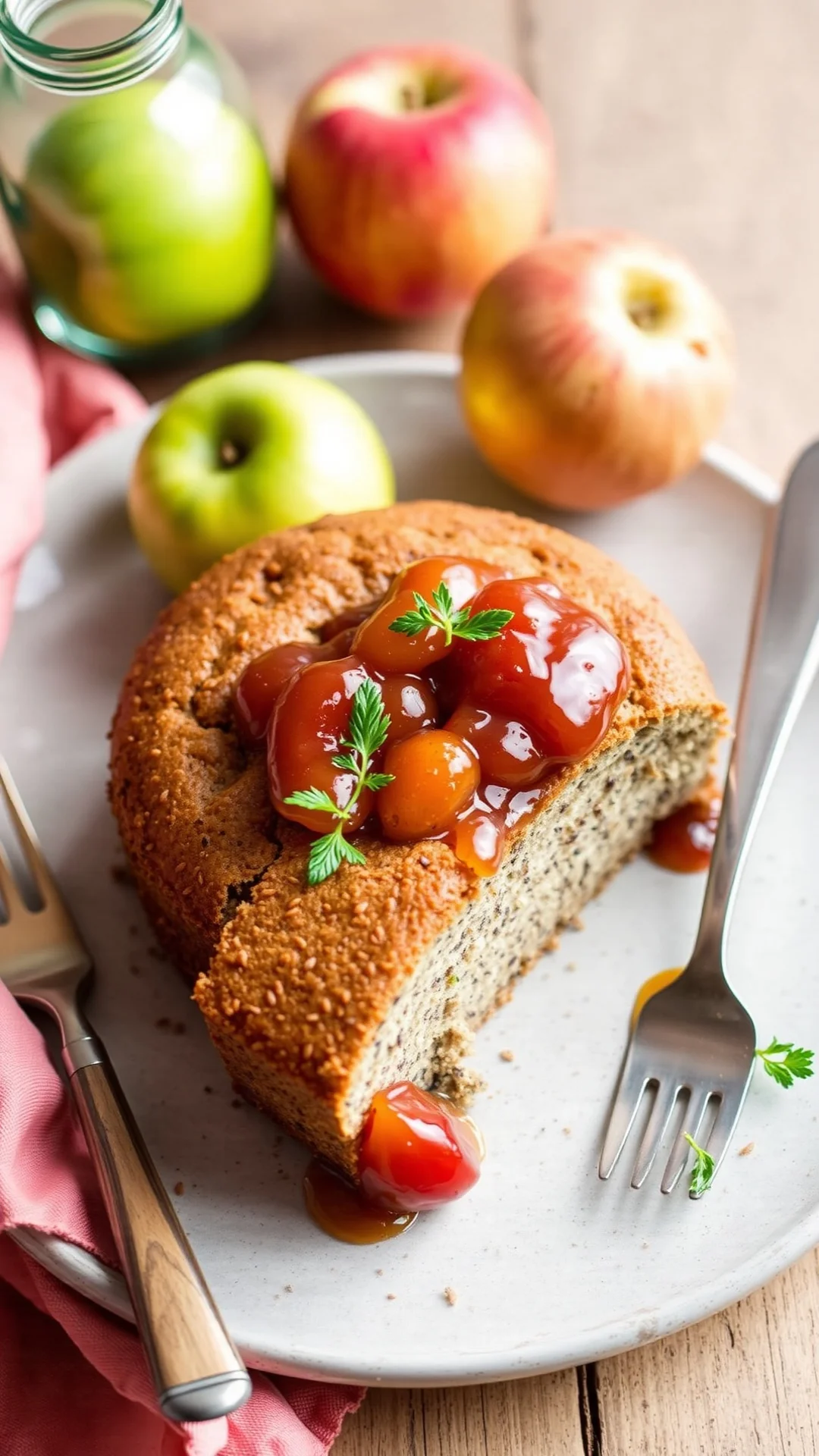 Vegan poppy seed cake with apple compote, wholesome ingredients, rustic charm, natural lighting, fresh baked