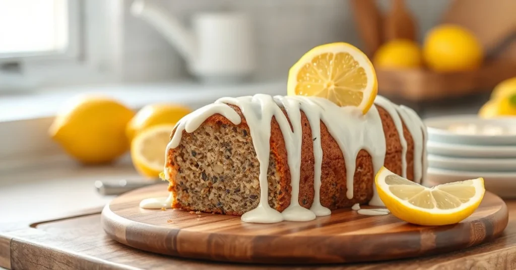 Vegan poppy seed cake with white icing drizzle, fresh lemon slices, soft natural lighting, side view on wooden board, rustic