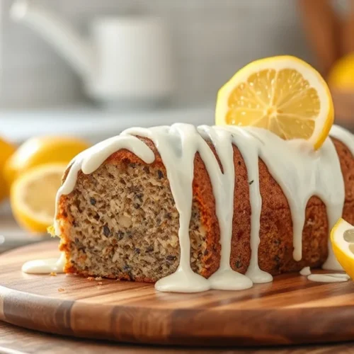 Vegan poppy seed cake with white icing drizzle, fresh lemon slices, soft natural lighting, side view on wooden board, rustic