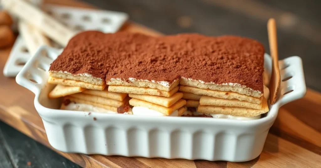 Vegan tiramisu dessert in a white rectangular baking dish, topped with rich cocoa powder, layered mascarpone and coffee-soake