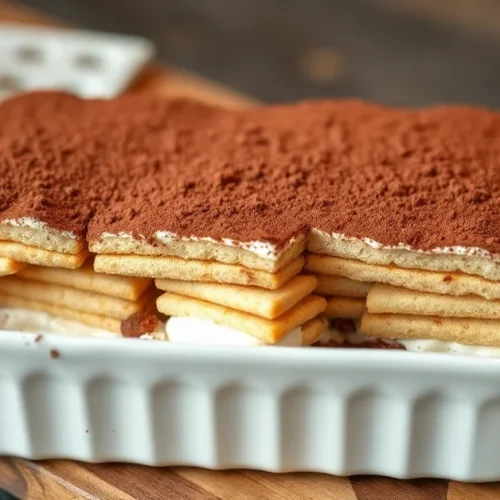 Vegan tiramisu dessert in a white rectangular baking dish, topped with rich cocoa powder, layered mascarpone and coffee-soake