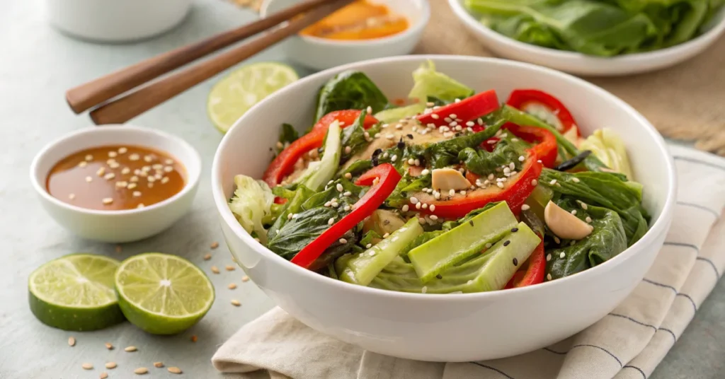 Vibrant fresh pak choi salad in white bowl, sesame seeds, red bell peppers, Asian dressing drizzle, lime wedges, restaurant q