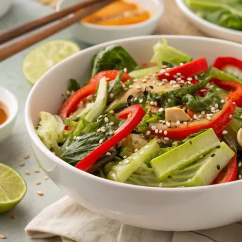 Vibrant fresh pak choi salad in white bowl, sesame seeds, red bell peppers, Asian dressing drizzle, lime wedges, restaurant q