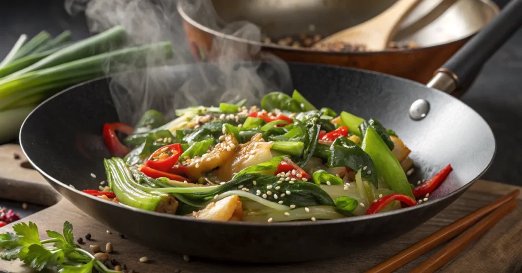 Vibrant pak choi stir-fry in a wok, garnished with sesame seeds and green onions, steaming hot, restaurant-quality presentati