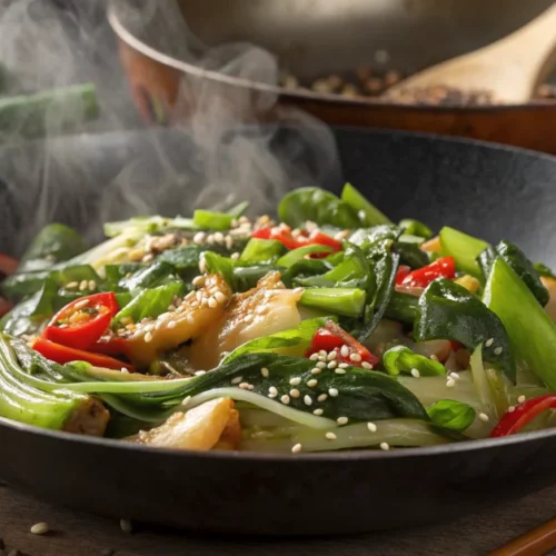 Vibrant pak choi stir-fry in a wok, garnished with sesame seeds and green onions, steaming hot, restaurant-quality presentati