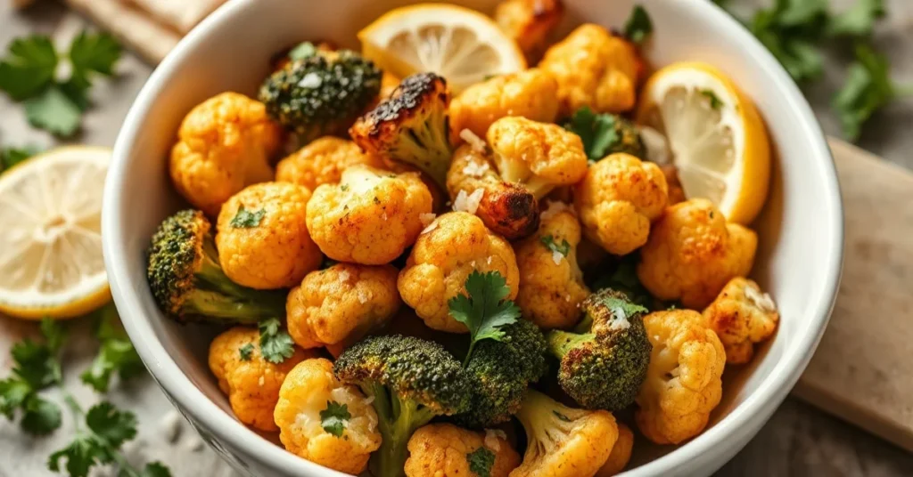 Vibrant roasted cauliflower and broccoli florets in a white bowl, golden and crispy, garnished with fresh parsley, lemon wedg