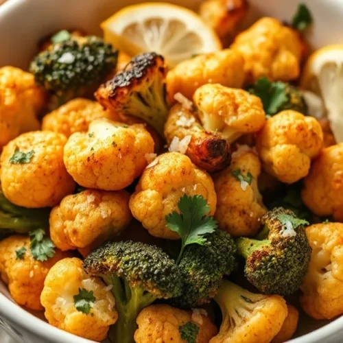 Vibrant roasted cauliflower and broccoli florets in a white bowl, golden and crispy, garnished with fresh parsley, lemon wedg